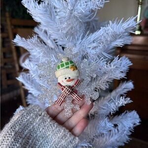Vintage 1998 Festive Snowflake Snowman Ornament with Plaid Bow Christmas